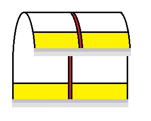 Ill. 5. Schematic drawing of the way in which the Lefkara lace cloth would have been draped as a bed hanging. The yellow coloured parts are the visible and 'good' parts of the embroidery 
