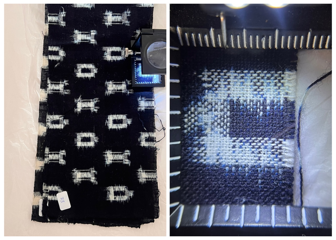 Fig. 2. Examining a kasuri cloth sample (TRC 2017.1478-23) using a linen tester.