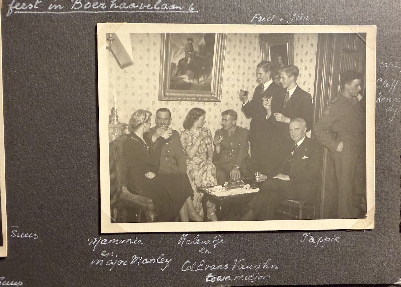 Fig. 14. Small party other liberation and after the house had been returned to the family. From left to right: Thérèse Barge-Dreesmann, Major Manley, Hélène Barge, Colonel Evans Vaughn, town mayor?, Fred and Jim Barge (both standing), Ton Barge, Cliff Kennedy.