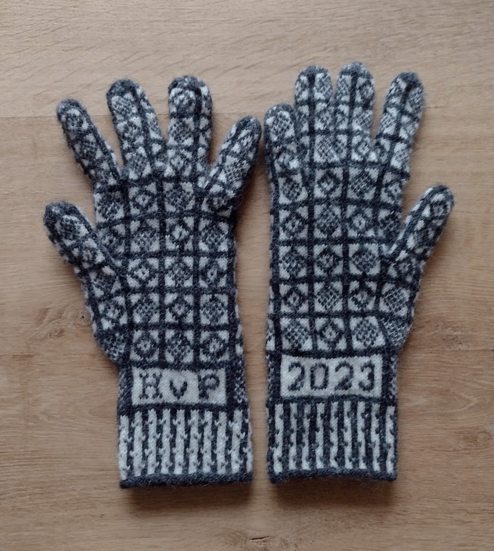 Fig. 3. Pair of Sanquhar gloves, hand knitted by the author, 2023.