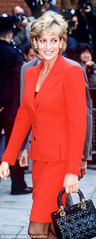 Princess Diana wearing a red suit designed by Catherine Walker, mid-1990s.