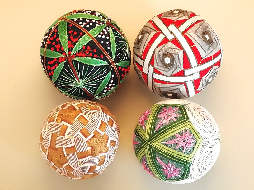 Four wrapped kagari temari from the TRC collection. Japan, ca. 2020. Photograph by Naoko Kikuchi.