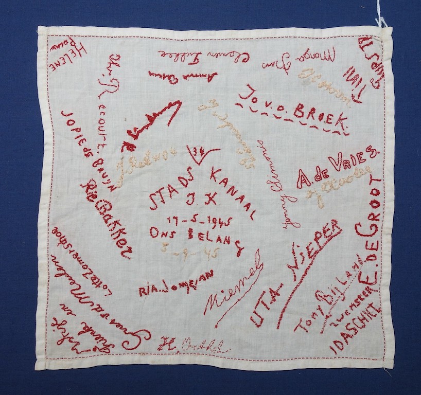 A textile from the TRC collection (TRC 2015.0193) with a history that causes strong emotions. It contains the hand-embroidered names of female Nazi-sympathizers interned after the war in Stadskanaal, the Netherlands.