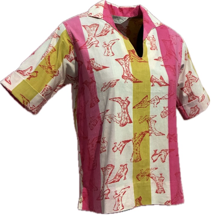 “Shoes and Boots”. Blouse by Jayson Classics. Printed cotton, circa 1957-1958. Attributed to Crompton-Richmond Company, Inc. 