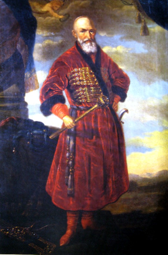 Polish military commander, Stefan Czarniecki (1599–1665), in a crimson costume typical of Polish magnates.