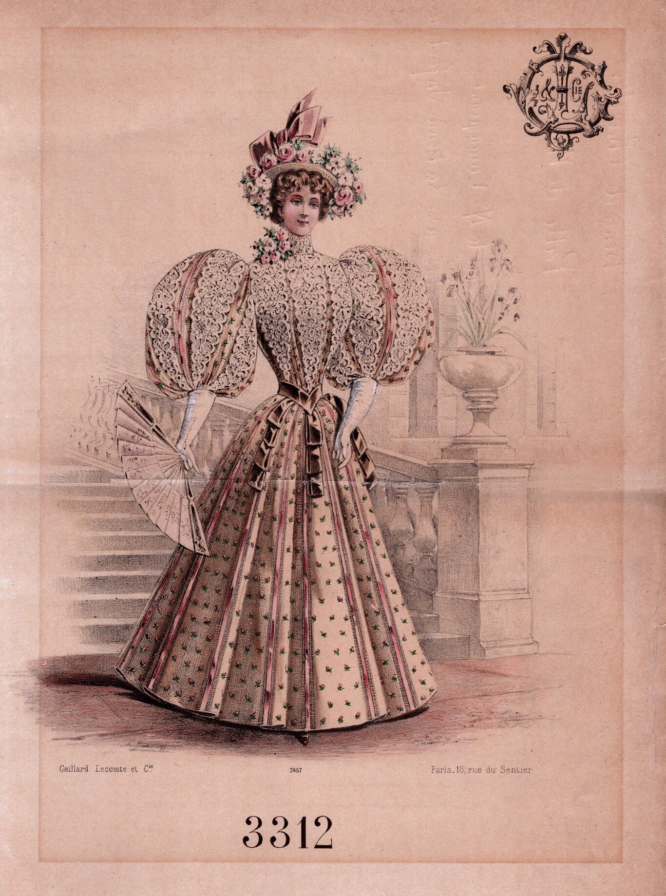 French fashion plate, c. 1900, showing a woman wth an impossibly small, narrow waist created by a corset  (TRC 2023.1488).