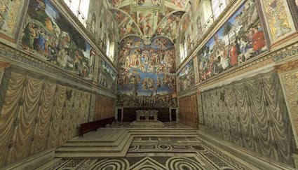 Sistine chapel, Rome, showing paintings of curtains along the walls. Late 15th century.