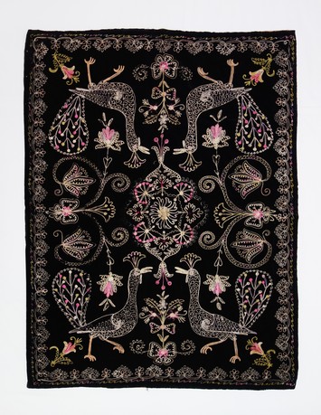 Black velvet bathmat, with an embroidered design of peacocks. Iran, late-20th century (TRC 1999.0266).