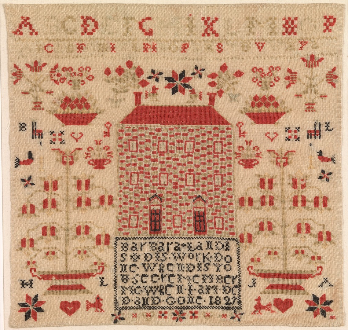 An American/German sampler from 1827, worked by Barbara Landis (USA; Gift of Mrs. Robert W. de Forest, 1933, courtesy of the Metropolitan Museum of Art, MMA 34.100.209).