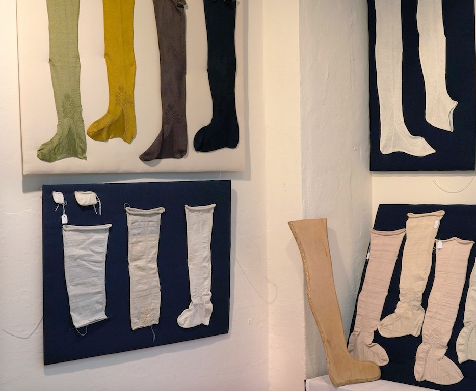 Replicas of 17th century silk stockings found in a shipwreck off the coast of Texel, The Netherlands. Socks&Stockings exhibition, TRC, 2019. Photograph by Joost Kolkman.