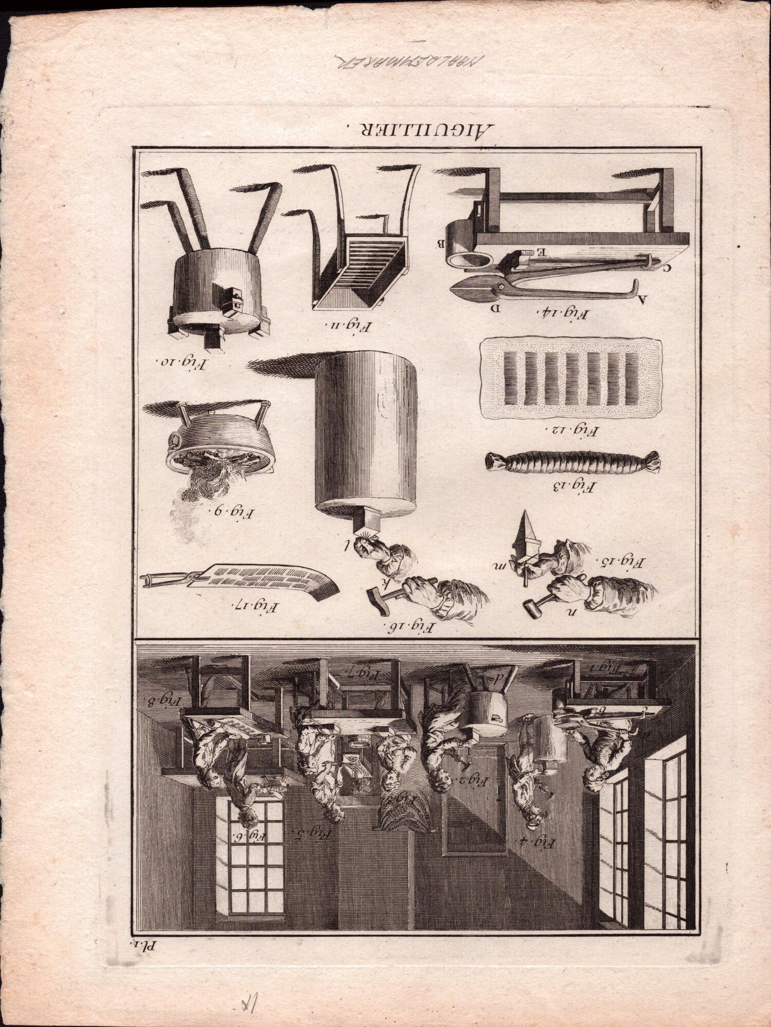French 18th century print illustrating the production of sewing needles (TRC 2023.2348).