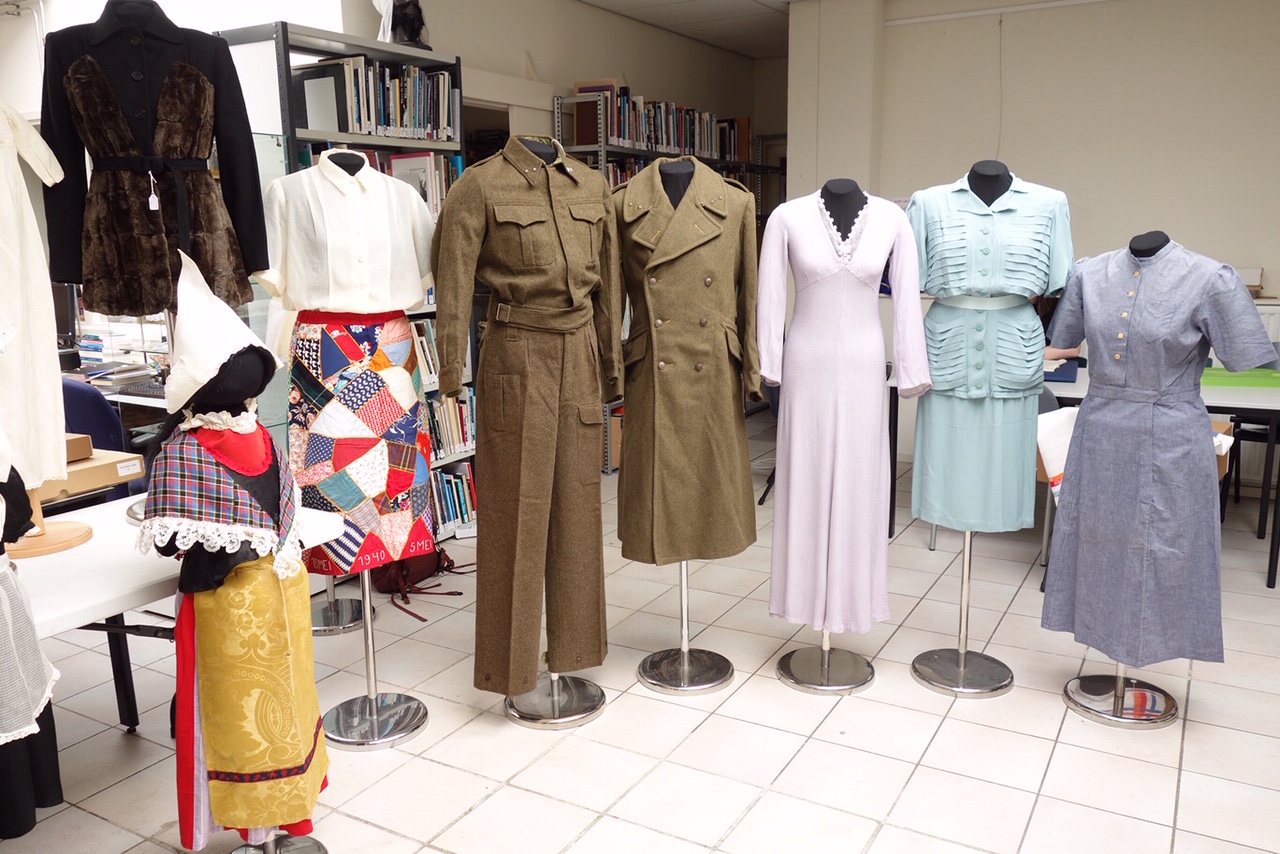 Mannequins dressed with 1930s and 1940s clothing, to be displayed at the Textile Tales of the Second World War exhibition, TRC Leiden, Sept. - Dec. 2020. Photograph by author.