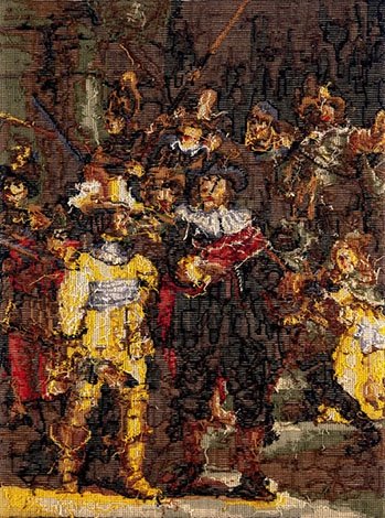 Reverse of an embroidery of Rembrandt's De Nachtwacht.