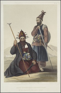 Fig. 4. CHIEF EXECUTIONER AND ASSISTANT OF HIS MAJESTY, THE LATE SHAH. Coloured lithograph by Robert Carrick, after James Rattray. Plate XIV in Rattray 1847. Public domain.